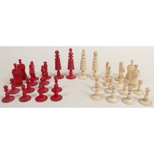 149 - Antique Hand Turned & Coloured Bone Chess set, height of largest 8cm