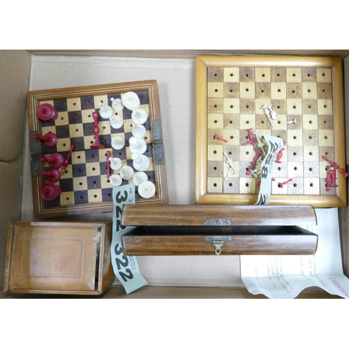 176 - A collection of Antique Wooden Folding Travel Chess Boards and part complete sets, ref 258 & 322