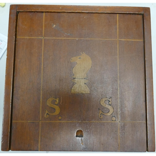 178 - Antique Wooden Inlaid Chess Box,7.5cm x 23cm x 23cm