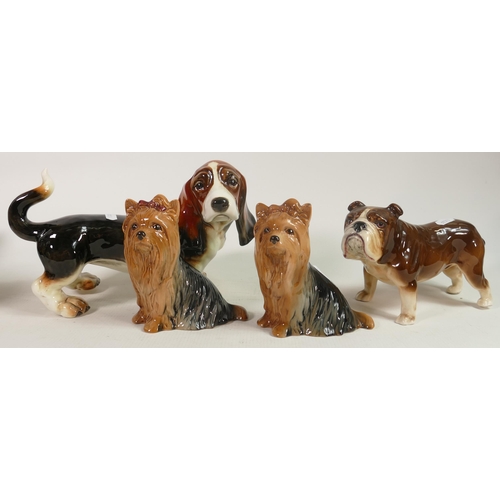 257 - Geobel figure of a basset hound together with a pair of Sylvac seated Yorkshire terrier and a sylvac... 