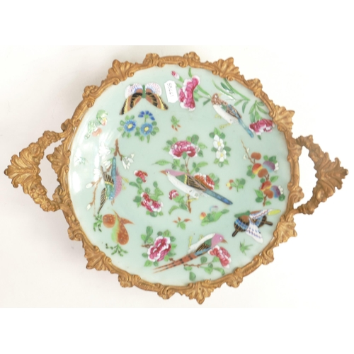 92 - Chinese Rose Canton Green Celadon Glazed Plate with Butterfly & Flowers with metal handled mount, di... 