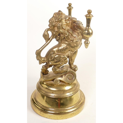 93 - Heavy Brass Victorian Fire Dog with Lion Theme, reg marks noted to base, height 30cm