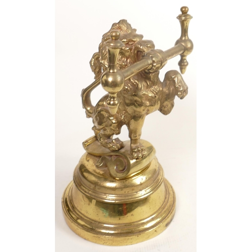 93 - Heavy Brass Victorian Fire Dog with Lion Theme, reg marks noted to base, height 30cm