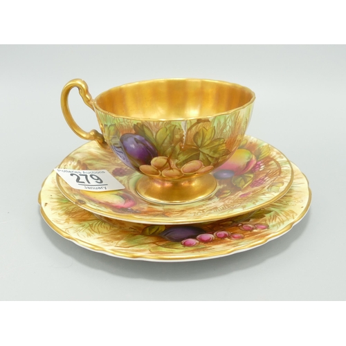 279 - Aynsley Orchard Gold Patterned Trio, crack to cup & surface marks