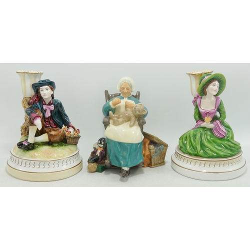 285 - Royal Doulton Character figure Nanny HN2221 (damaged) together with 2 Royale Stratford Candlesticks(... 