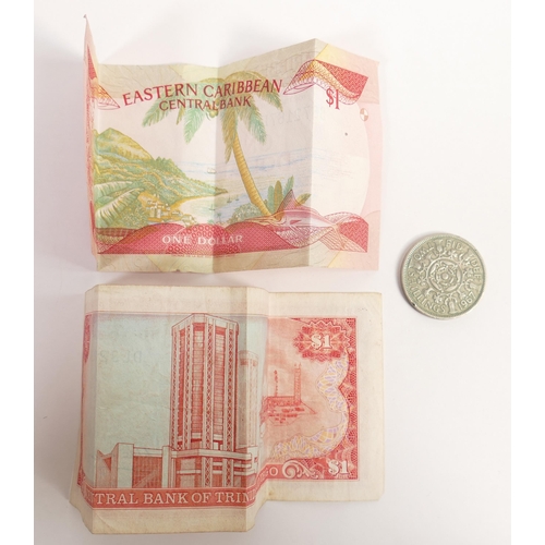 701 - 1960s Eastern Caribbean $1 dollar note, Central Bank of Trinidad and Tabago $1 note and 1967 Florin.