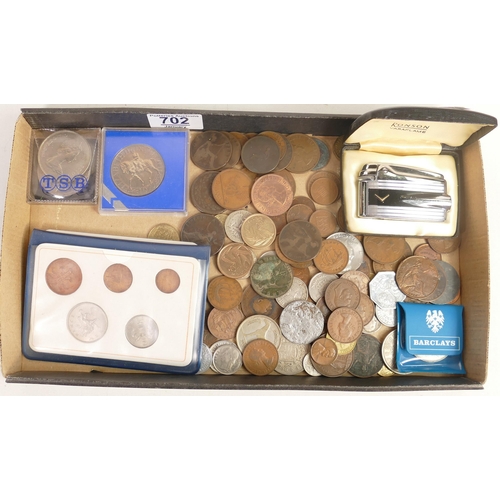 702 - A collection of coins including commemorative coins, early copper coins, medallions, Ronson boxed li... 