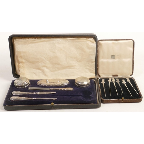 704 - Silver topped ladies vanity set together with set of 5 Silver chicken cocktail sticks, both boxed. (... 