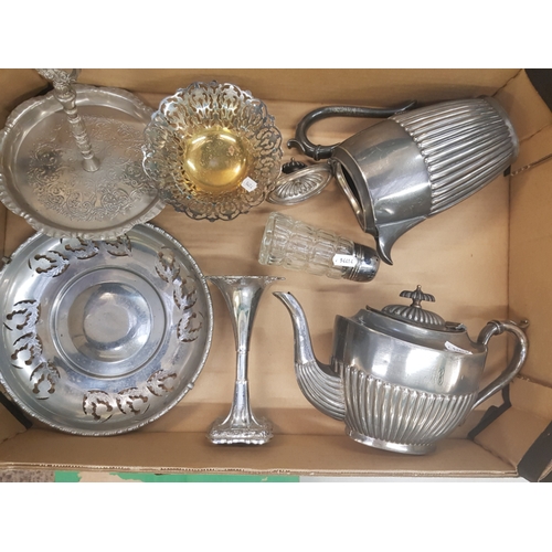 23 - A mixed collection of metal ware items to include Victorian silver plated teapot and hot water pot, ... 