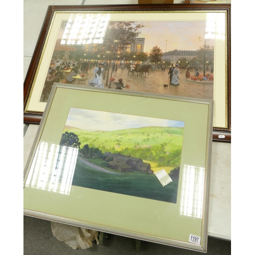 1197 - Large C Keiffer Framed Parisian Framed Print, together with landscape watercolour, largest 72x 102cm... 