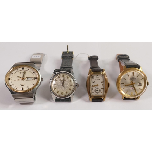 697 - Hudson gents date o matic watch (ticking) & 3 x Bulova gents watches, tank shape ticking, the other ... 