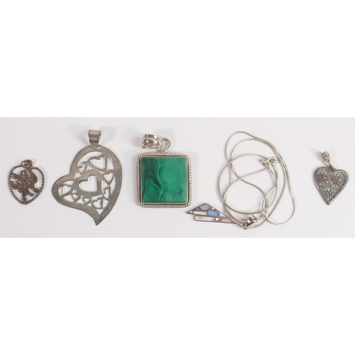 728 - Five sterling silver pendants (one set malachite) and a nice quality silver chain, total gross weigh... 