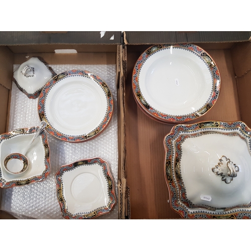 596 - Soho Pottery Cobridge 'Satsuma' pattern dinnerware items to include: lidded tureens, 10 dinner plate... 