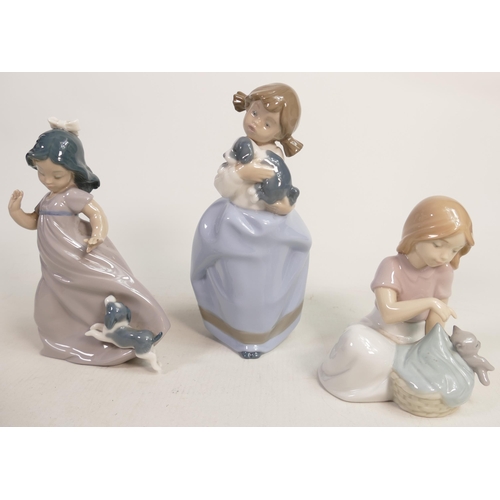 663 - Three Nao Pottery Figures of Young Girls with Puppies & Kittens, tallest 19cm(3)