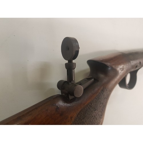 132 - Early 20th Century .22 air rifle with oak stock, working order, serial number S6745, 115cm in length... 