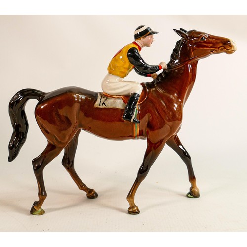 72 - Beswick Jockey on Walking Horse 1037, jockey in black, yellow & red diamond colourway, No12 detail n... 