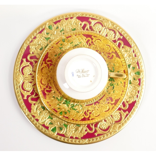 441 - De Lamerie Fine Bone China heavily gilded Royal Bow cup & saucer and side plate, specially made high... 