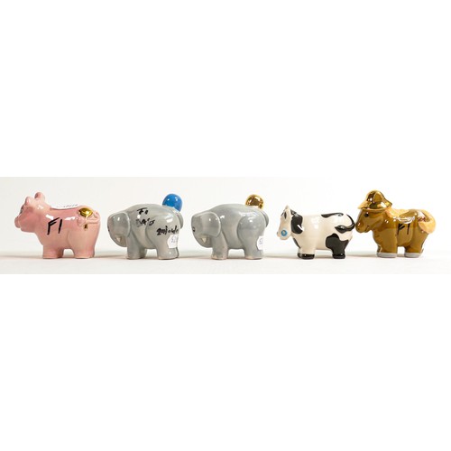 21 - Five Wade novelty Horse, Cow, Pig & Elephant figures, some with gold highlights, mostly signed & dat... 