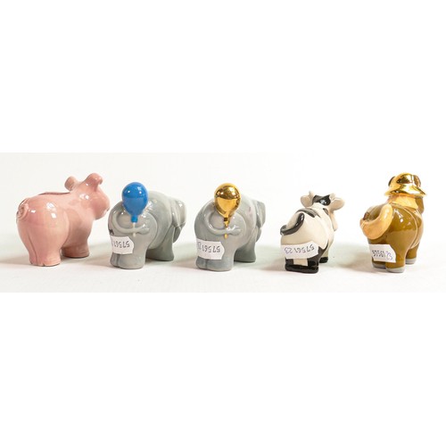 21 - Five Wade novelty Horse, Cow, Pig & Elephant figures, some with gold highlights, mostly signed & dat... 