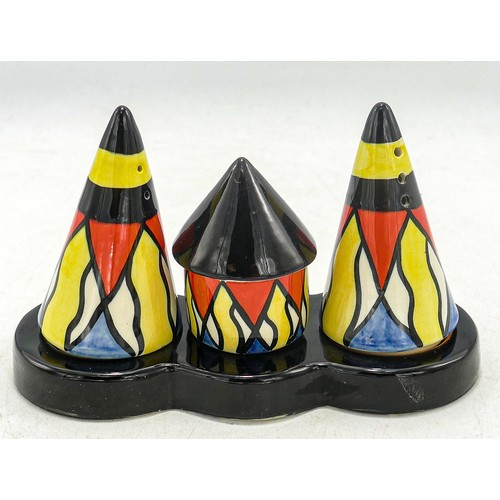 278 - Lorna Bailey cruet set consisting of salt & pepper pots and mustard pot on base 14cm long. Marked (4... 