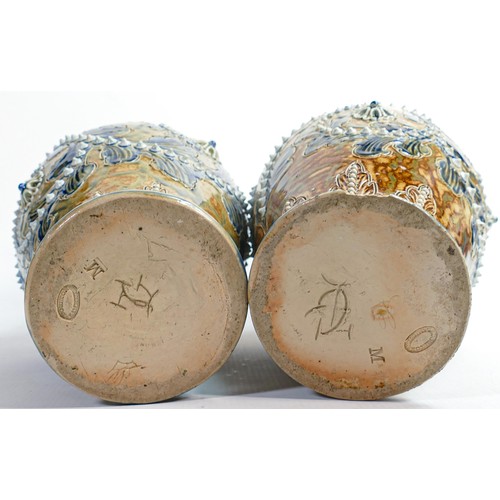 408 - Doulton Lambeth George Tinworth scrolling seaweed patterned pair of vases, circa 1880, inscribed to ... 