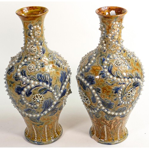 408 - Doulton Lambeth George Tinworth scrolling seaweed patterned pair of vases, circa 1880, inscribed to ... 