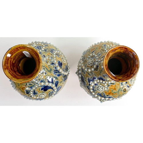 408 - Doulton Lambeth George Tinworth scrolling seaweed patterned pair of vases, circa 1880, inscribed to ... 