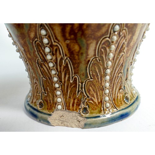 408 - Doulton Lambeth George Tinworth scrolling seaweed patterned pair of vases, circa 1880, inscribed to ... 