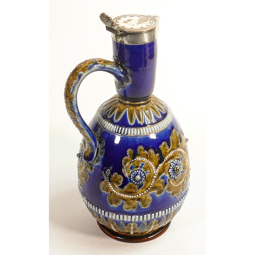 411 - Doulton Lambeth George Tinworth Stoneware ewer with silver mounts, monogrammed to upper section, hei... 