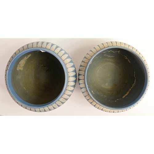 414 - Pair of large Doulton Lambeth Silicon ware Jardinières with relief decoration, height 18cm - some re... 