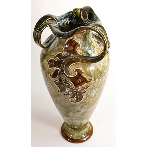 415 - Large Royal Doulton Lambeth Frank Arthur Butler Art Nouveau tri handled vase, height 48cm - 6cm firi... 