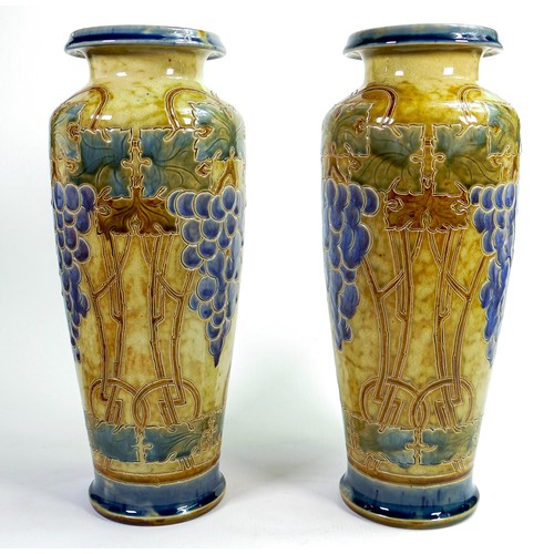 418 - Pair of Royal Doulton Lambeth vases by Eliza Simmance, decorated with stylised trees, leaves and ber... 