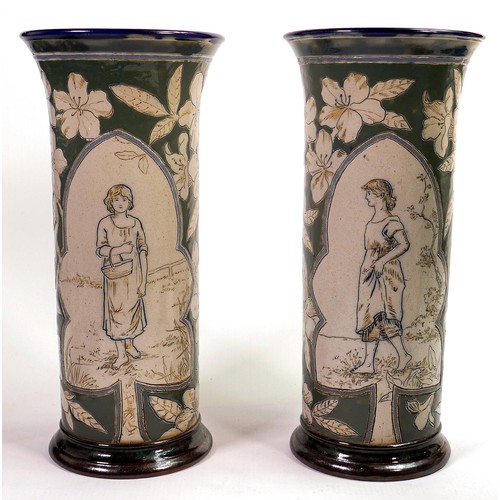 421 - Pair Doulton Lambeth vases by Mary Mitchell, decorated with incised panels of various scenes of wome... 