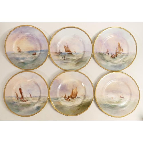 427 - A set of Royal Doulton cabinet plates, each hand painted with various boats on the sea by J.H. Plant... 