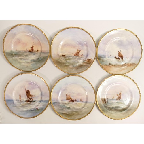 428 - A set of Royal Doulton cabinet plates, each hand painted with various boats on the sea by J.H. Plant... 