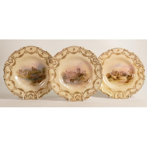 429 - Royal Doulton gilded cabinet plates, hand painted by J H Plant, comprising Kenilworth Castle, Warwic... 