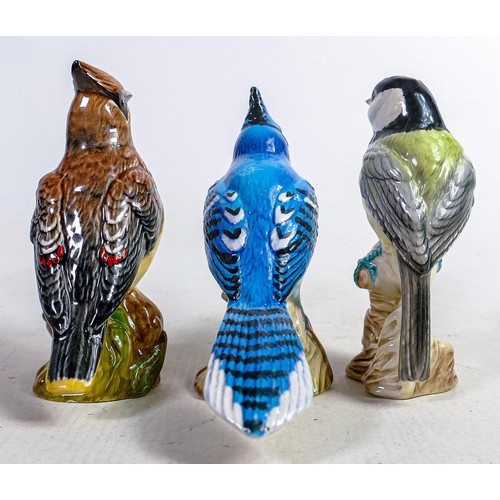 547 - Three Beswick American birds Cedar Waxwing 2184, Blue Jay 2188 & Black Capped Chickadee (3)