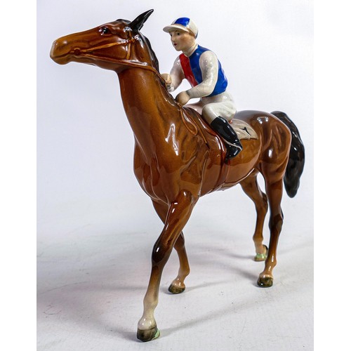 631 - Beswick jockey on walking horse 1037, red white & blue jockey colours, restored ear.