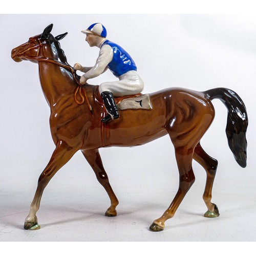 631 - Beswick jockey on walking horse 1037, red white & blue jockey colours, restored ear.