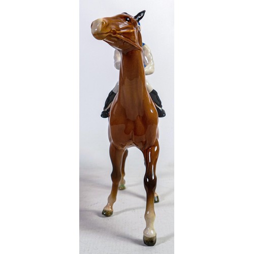 631 - Beswick jockey on walking horse 1037, red white & blue jockey colours, restored ear.