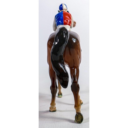 631 - Beswick jockey on walking horse 1037, red white & blue jockey colours, restored ear.