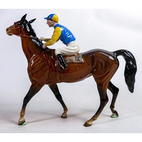 641 - Beswick jockey on walking horse 1037, yellow, white & blue jockey colours - restored ears.