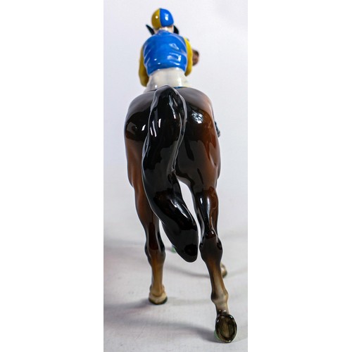 641 - Beswick jockey on walking horse 1037, yellow, white & blue jockey colours - restored ears.