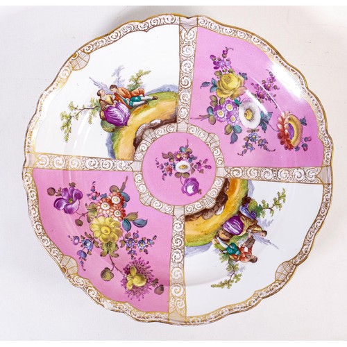 692 - Meissen second period large shallow dish, decorated with floral panels and romantic scenes, d.38cm. ... 