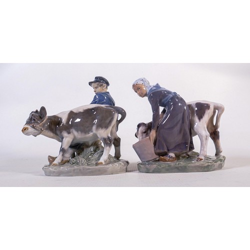 699 - Royal Copenhagen girl with calf model number 779 & boy with calf 772. (2)