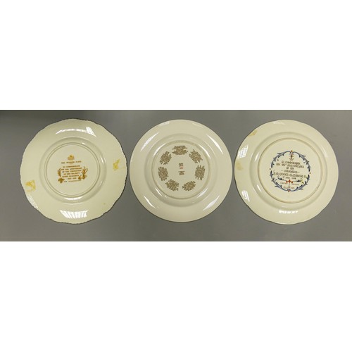 705 - A collection of three commemorative Spode, Crown Staffordshire & Coalport gilded plates, each 27cm. ... 