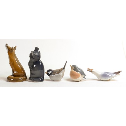 714 - Royal Copenhagen figures of wild birds, fox & kitten together with a Bing and Grondahl figure of a g... 