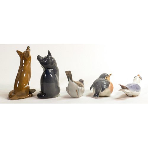 714 - Royal Copenhagen figures of wild birds, fox & kitten together with a Bing and Grondahl figure of a g... 