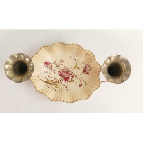 784 - Carlton Blush ware metal mounted centrepiece bowl, with silver plated bud vases upper, scalloped edg... 