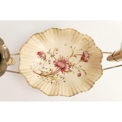 784 - Carlton Blush ware metal mounted centrepiece bowl, with silver plated bud vases upper, scalloped edg... 